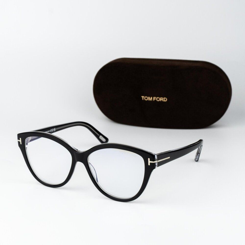 Tom Ford Woman Eyeglasses Black Crystal Blue Light Block Cat Eye FT5954-B 003